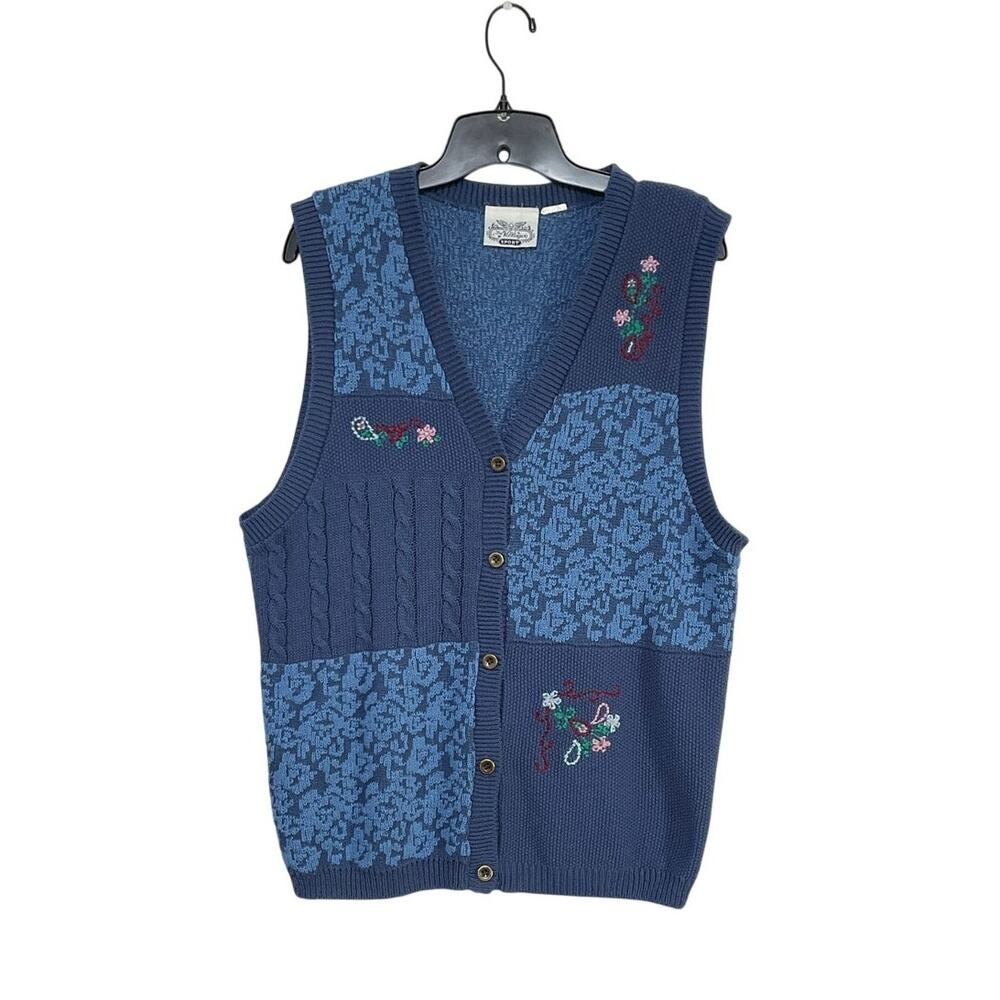 VTG 90s The Villager Embroidered Patchwork Sweater Vest Size Large V-Neck Floral